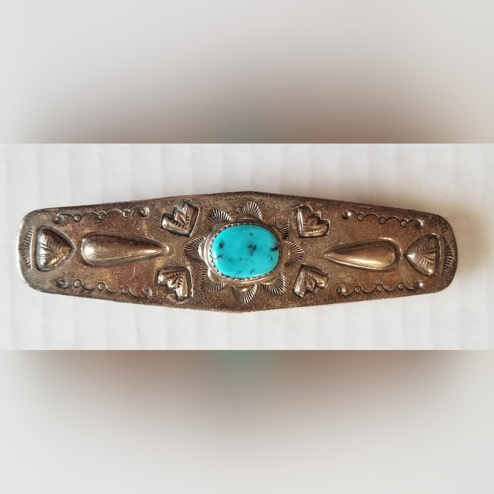 Vintage Signed Navajo Handcrafted Sterling Silver & Turquoise Hair Barrette